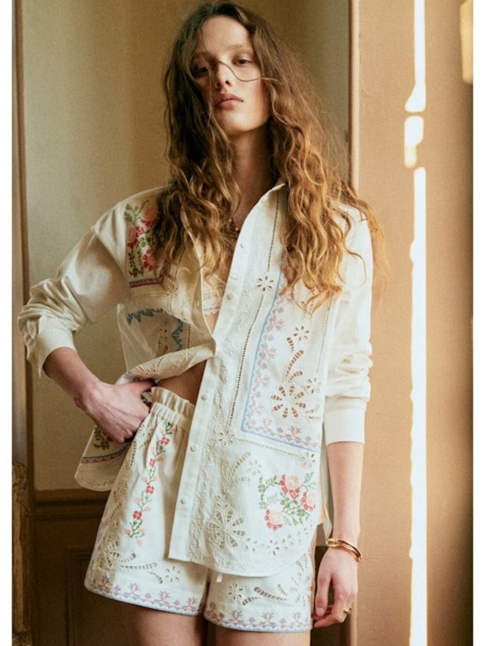 NWT Sezane Maxy Shirt in Ecru Placed Pastel Embroidery Button Down Top 36 / US 4